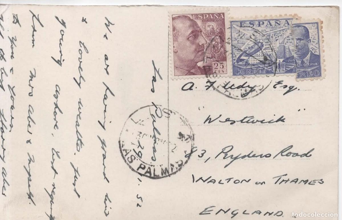 Sellos: TARJETA POSTAL CADIZ CON MAT LISTA LAS PALMAS 1952