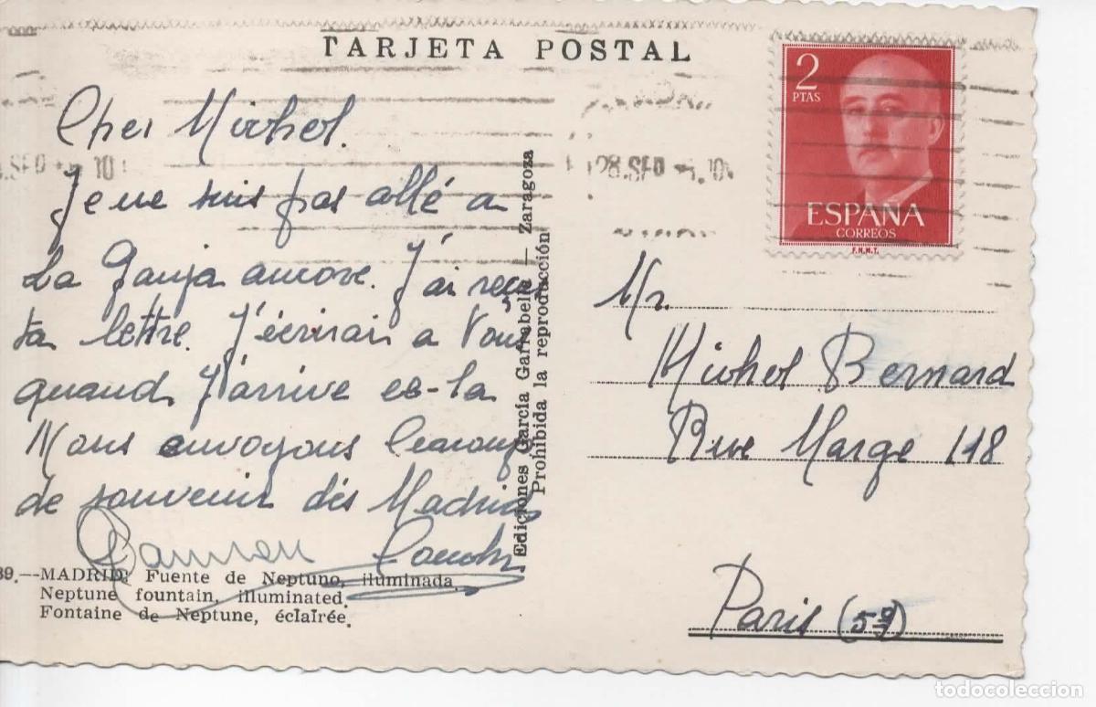 Sellos: TARJETA POSTAL FUENTE DE NEPTUNO MADRID CON SELLO 2 PTS ROJO BASICA FRANCO