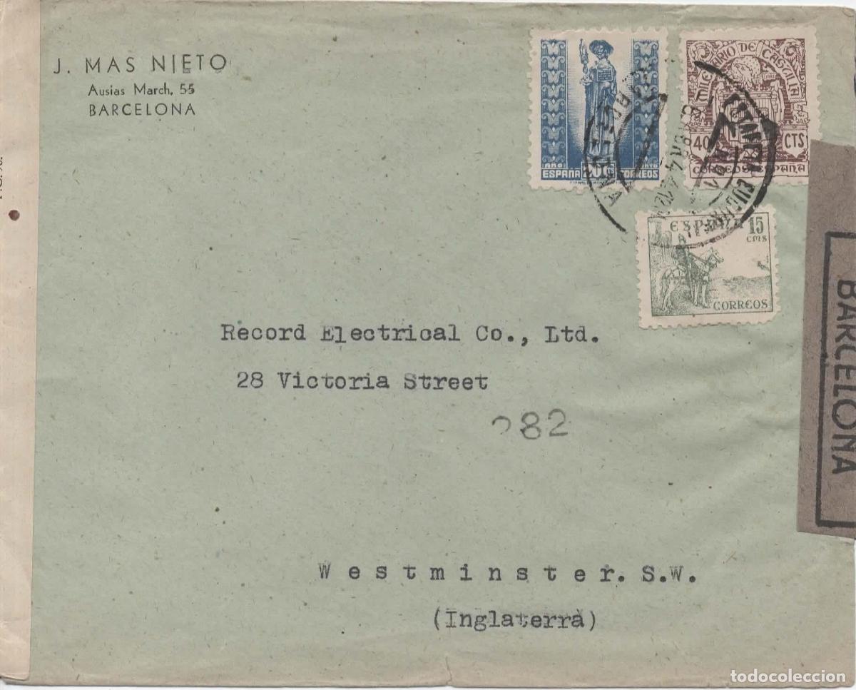 Sellos: BARCELONA A INGLATERRA CC SELLOS A&Ntilde;OS SANTO 1944 CON DOBLE CENSURA