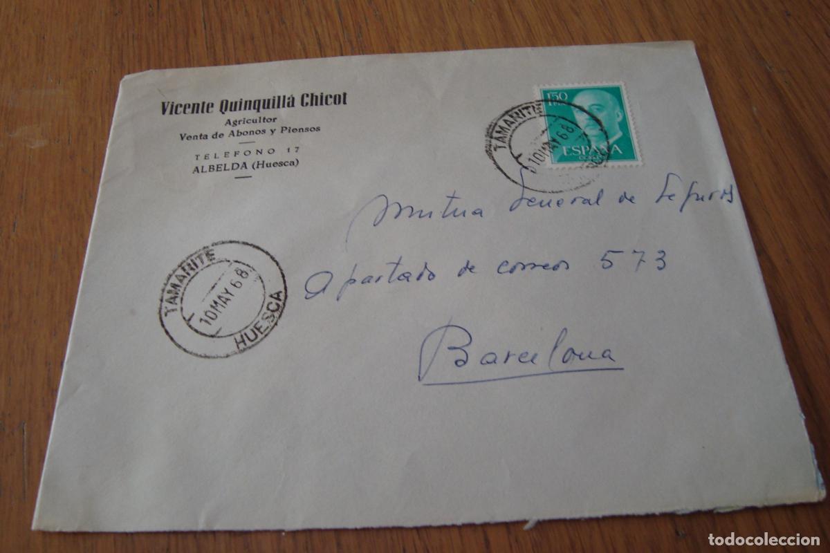 Sellos: ANTIGUO SOBRE COMERCIAL. VICENTE QUINQUILLA CHICOT. VENTA ABONOS. ALBELDA TAMARITE HUESCA 1968
