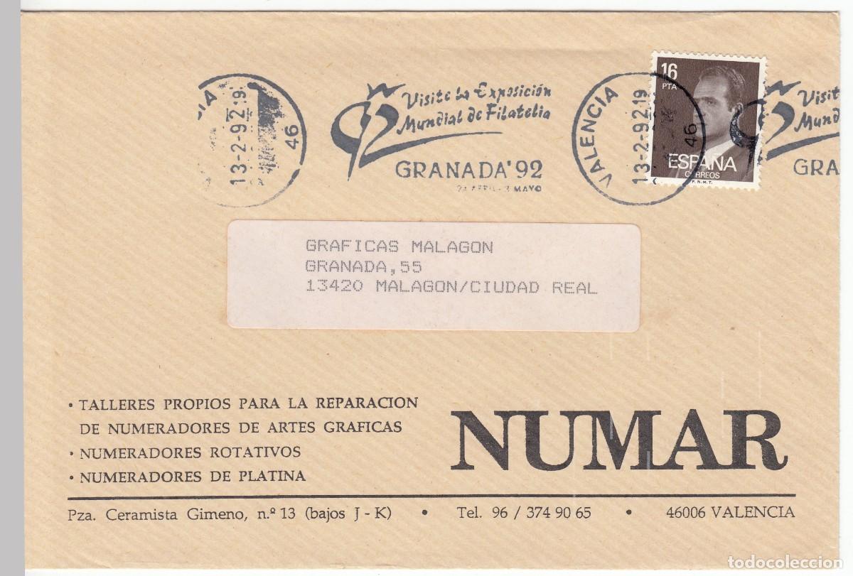 Sellos: 1992 VALENCIA MATASELLOS VISITE EXPOSICION MUNDIAL FILATELIA GRANADA 92. MEMBRETE NUMAR