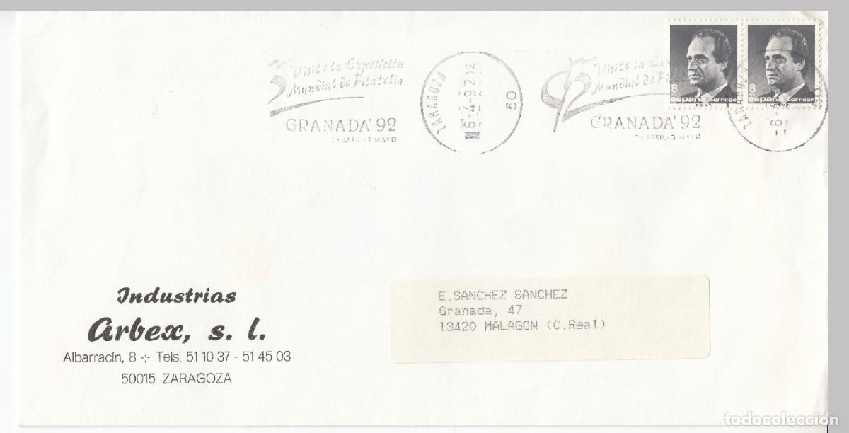 Sellos: 1992 ZARAGOZA MATASELLOS VISITE EXPOSICION MUNDIAL FILATELIA GRANADA 92. MEMBRETE ARBEX INDUSTRIAS