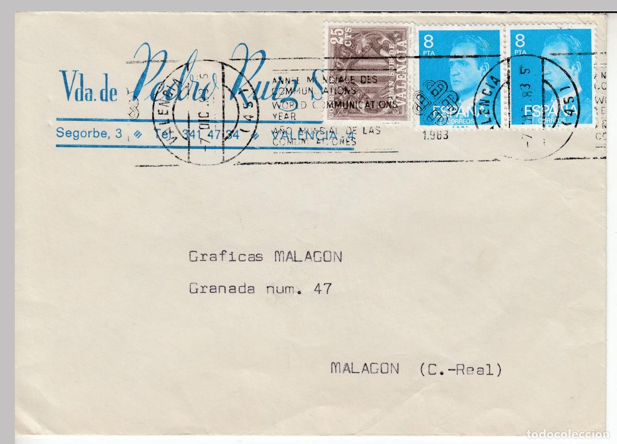 Sellos: 1983 VALENCIA MATASELLOS A&Ntilde;O MUNDIAL COMUNICACIONES. MEMBRETE VDA PEDRO RUIZ