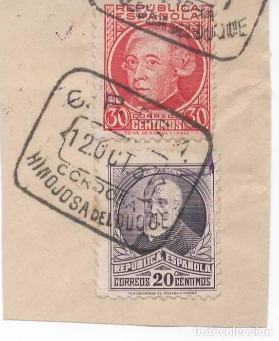 Sellos: SEGUNDA REPUBLICA FRAGMENTP CON MAT CAJA POSTAL DE AHORROS DE HINOJOSA DEL DUQUE CORDOBA