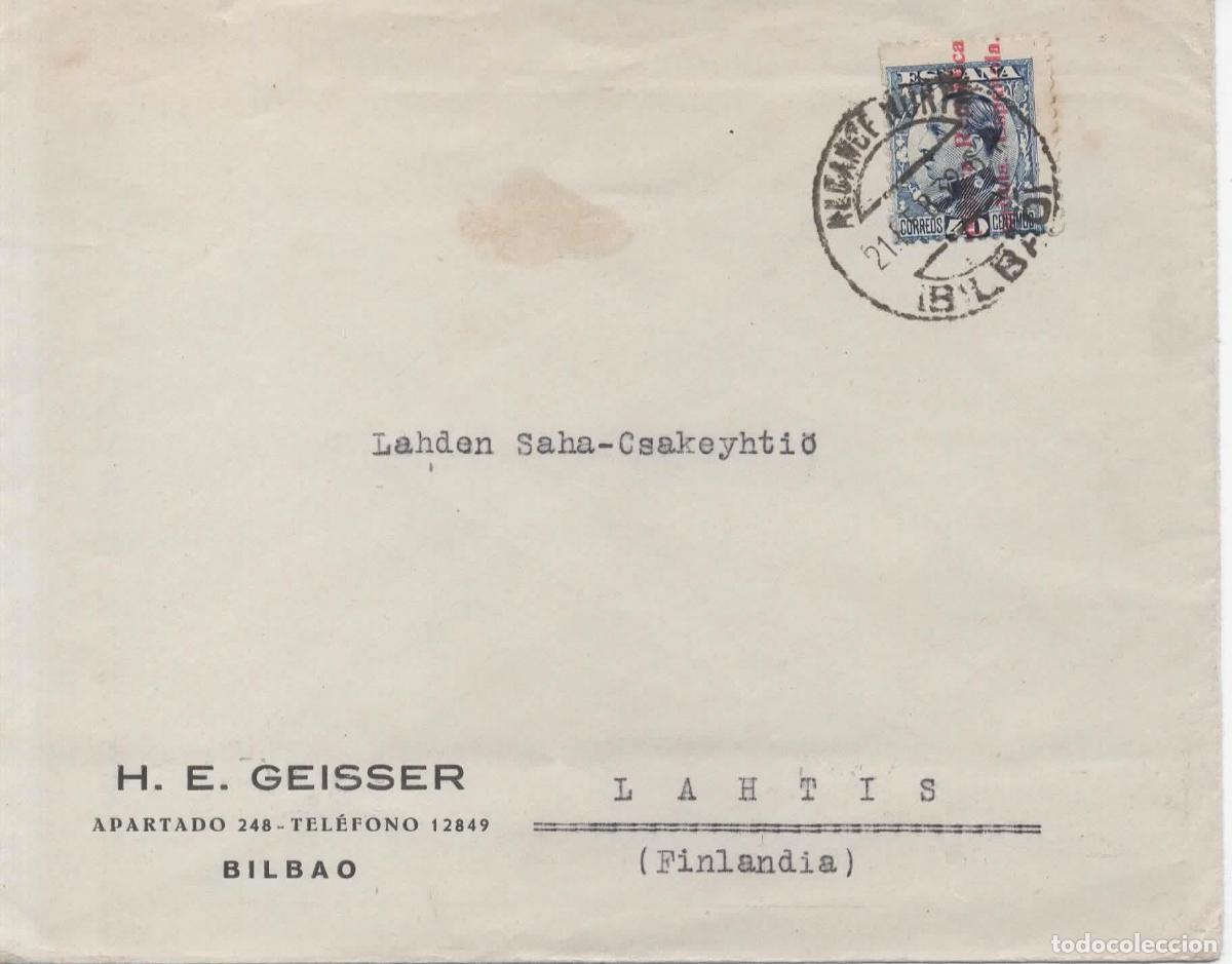 Sellos: SEGUNDA REPUBLICA BILBAO A LAHTI FINLANDIA 1932 MAT ALCANCE NORTE