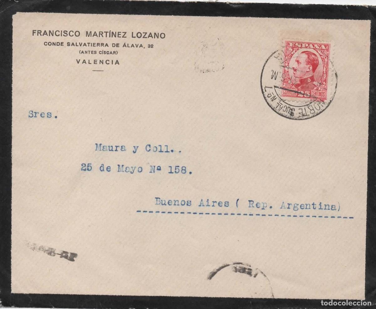 Sellos: VALENCIA A BUENOS AIRES 1931 CARTA DE LUTO SELLO VAQUER MAT NORTE SUCURSAL 7