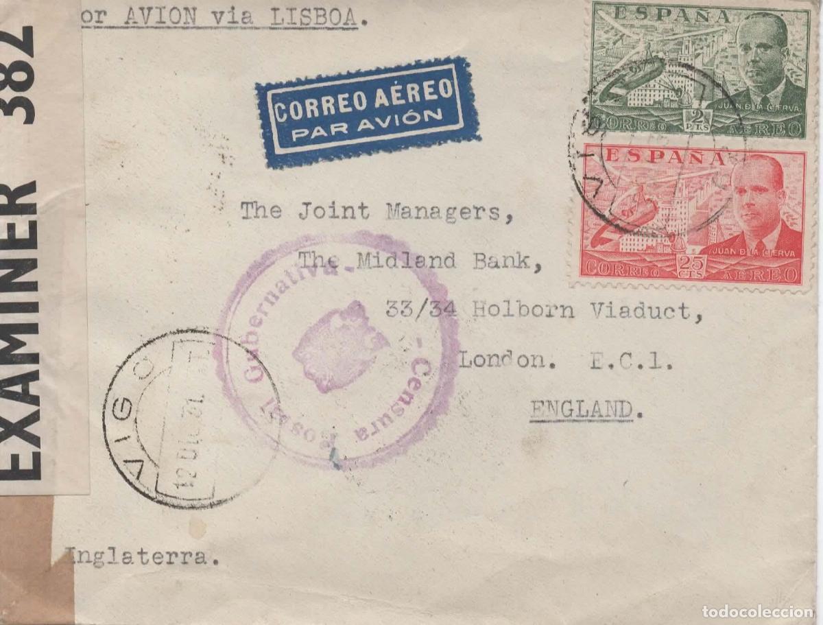 Sellos: VIGO A LONDON 1942 AMBULANTE 2 VIGO LEON CENSURA INGLESA Y GUBERNATIVA DE VIGO AEREA