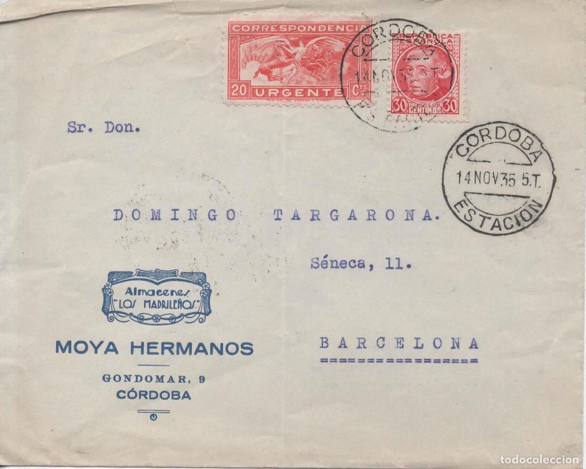 Sellos: CORDOBA A BARCELONA 1935 URGENTE MAT ESTACION AL DORSO MAT URGENTES BARCELONA