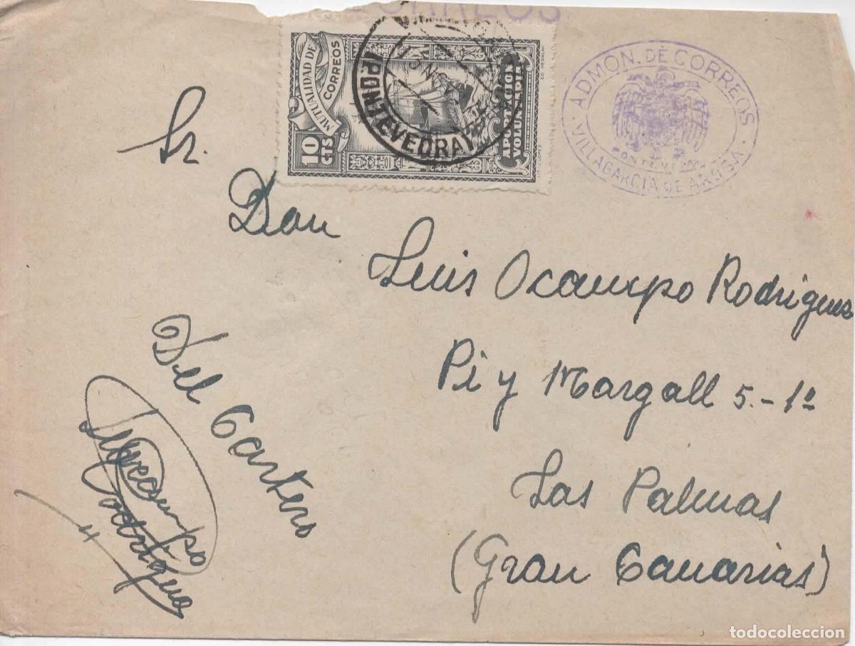 Sellos: VILLAGARCIA DE AROSA PONTEVEDRA A LAS PALMAS 1947 ENVIO DE CARTERO CON VI&Ntilde;ETA MUTUALIDAD CORREOS VE