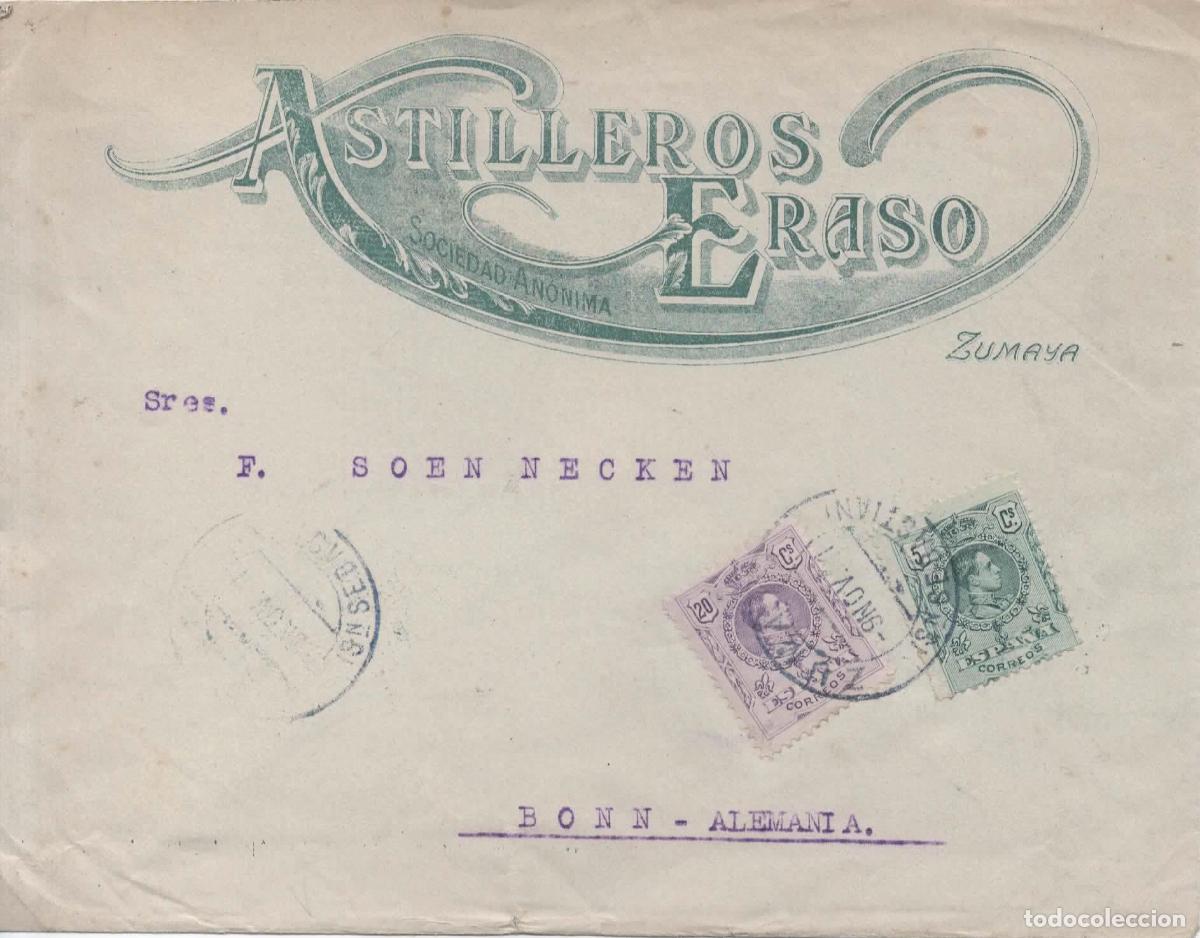 Sellos: ZUMAYA GUIPUZCOA A BONN ALEMANIA 1911 SOBRE PUBLICIDAD ASTILLEROS ERASO