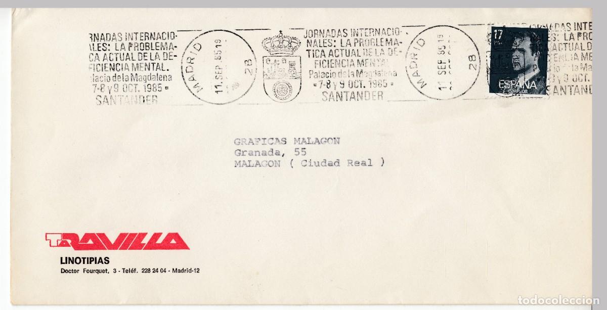 Sellos: 1985 MADRID MATASELLOS JORNADAS DEFICIENCIA MENTAL SANTANDER. MEMBRETE TARAVILLA LINOTIPIAS