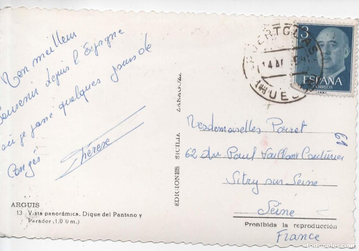 Sellos: TARJETA POSTAL ARGUIS HUESCA CON MAT PUERTOLAS 1964