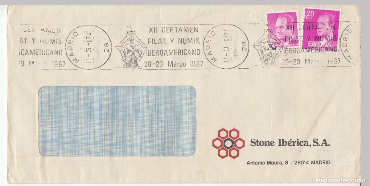 Sellos: 1987 MADRID MATASELLOS XII CERTAMEN FILATELIA NUMISMATICA IBEROAMERICANO MEMBRETE STONE IBERICA