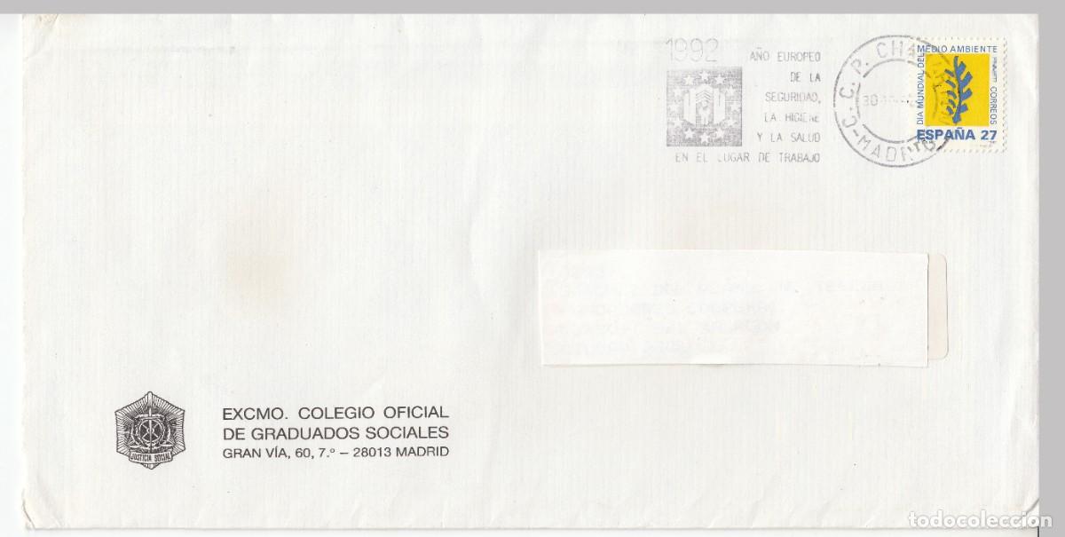 Sellos: 1992 MADRID MATASELLOS A&Ntilde;O SEGURIDAD HIGIENE SALUD LUGAR TRABAJO. MEMBRETE GRADUADOS SOCIALES