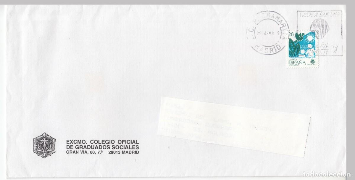 Sellos: 1993 MADRID MATASELLOSVUELVE A SANTIAGO DESCUBRIRA COMPOSTELA. MEMBRETE COLEGIO GRADUADOS SOCIALES