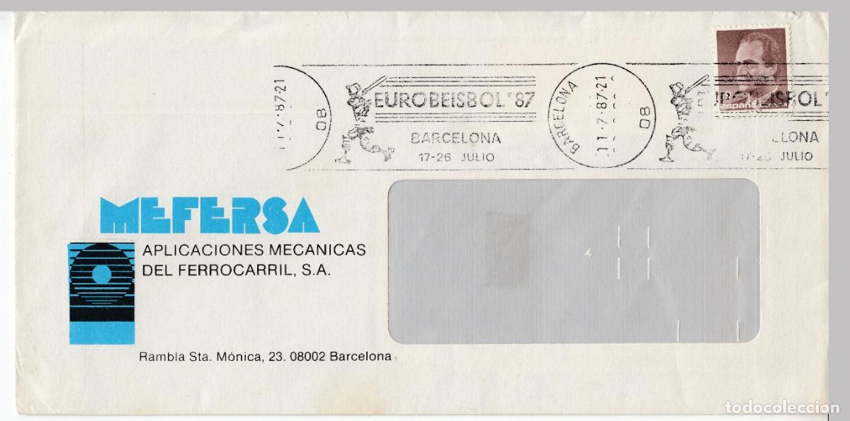 Sellos: 1987 BARCELONA MATASELLOS EUROBEISBOL 87. MEMBRETE MEFERSA APLICACIONES MECANICAS DEL FERROCARRIL