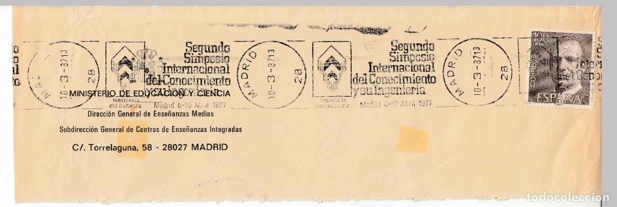 Sellos: 1987 MADRID MATASELLOS SEGUNDO SIMPOSIO INTERNACIONAL CONOCIMIENTO Y SU INGENIERIA FRAGMENTO FRONTAL