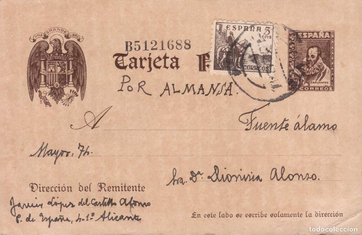 Sellos: TARJETA POSTAL CIRCULADA ALICANTE 1-1-42 EPOCA DE FRANCO