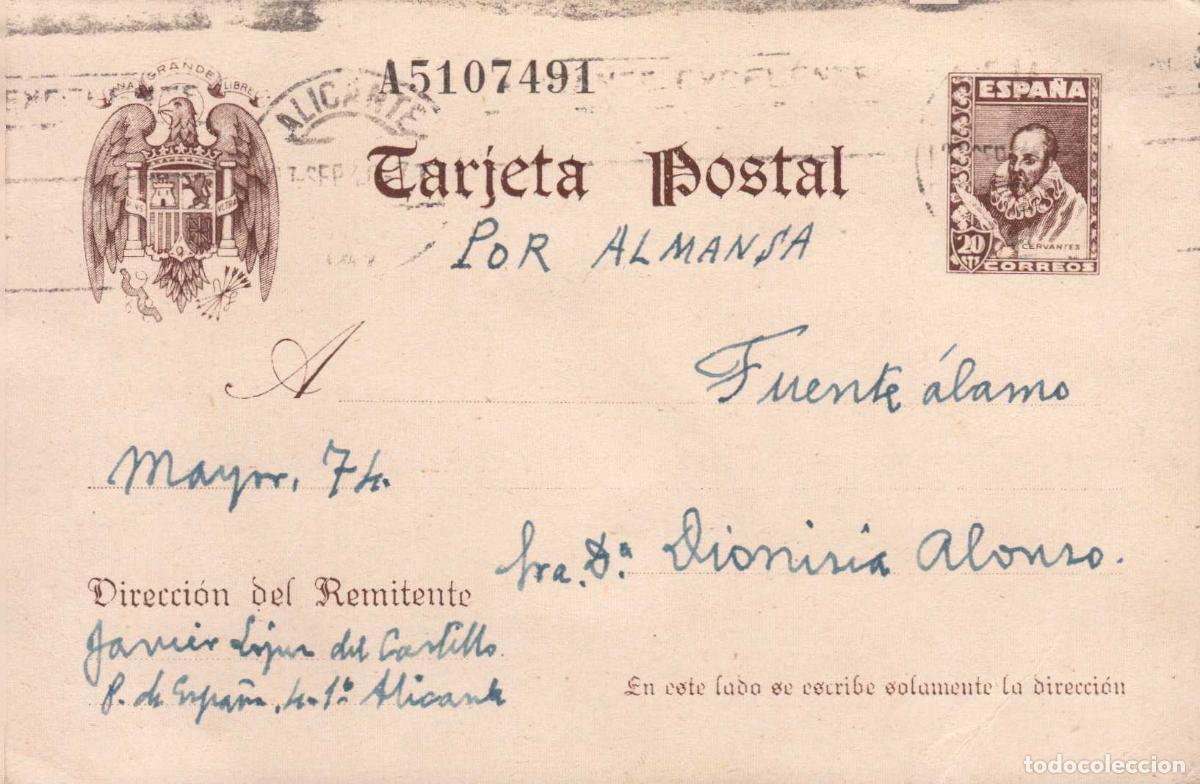 Sellos: TARJETA POSTAL CIRCULADA ALICANTE 1-1-42 EPOCA DE FRANCO
