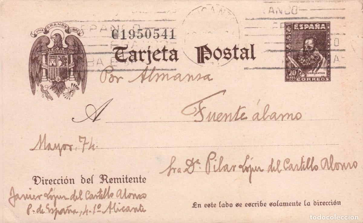 Sellos: TARJETA POSTAL CIRCULADA ALICANTE 1-1-42 EPOCA DE FRANCO