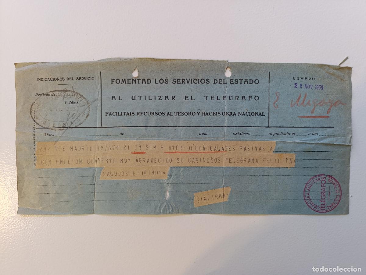 Sellos: 24 DE NOVIEMBRE DE 1939. TELEGRAMA TENERIFE-MADRID CON SELLO CENSURA MILITAR SANTA CRUZ DE TENERIFE.