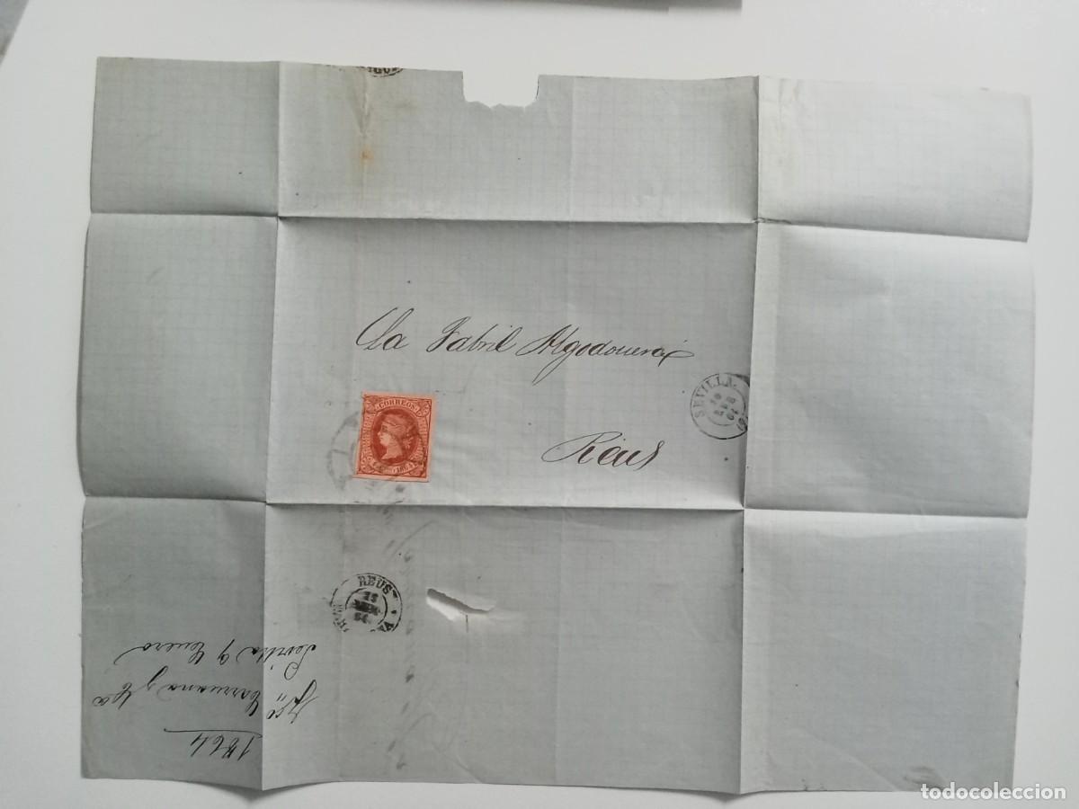 Sellos: CARTA CIRCULADA DE SEVILLA A REUS (CATALU&Ntilde;A), A&Ntilde;O 1864, MATASELLO R.CARRETA N&ordm;7 DE SEVILLA