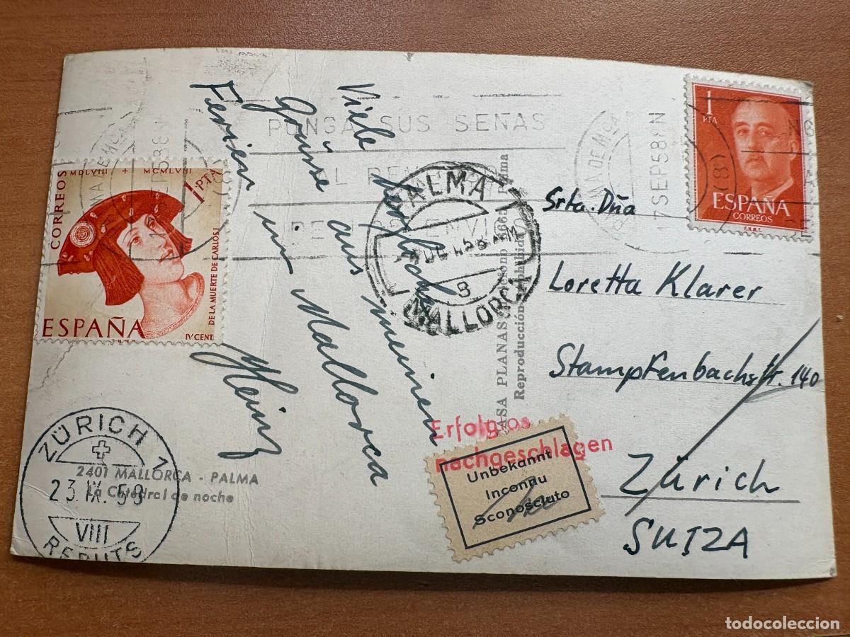 Sellos: Tarjeta postal Palma Mallorca a Suiza 1958 con destinatario desconocido