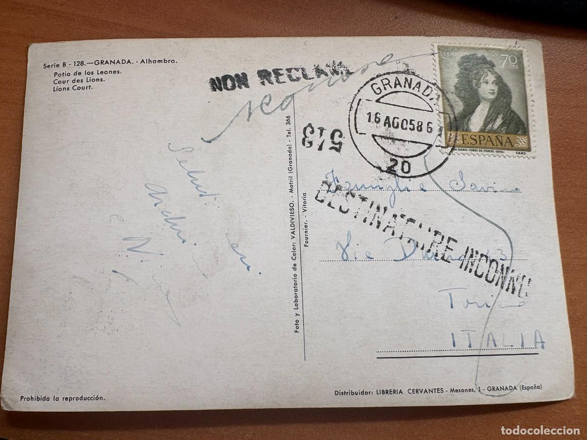 Sellos: Tarjeta postal Granada a Italia 1958 con destinatario desconocido