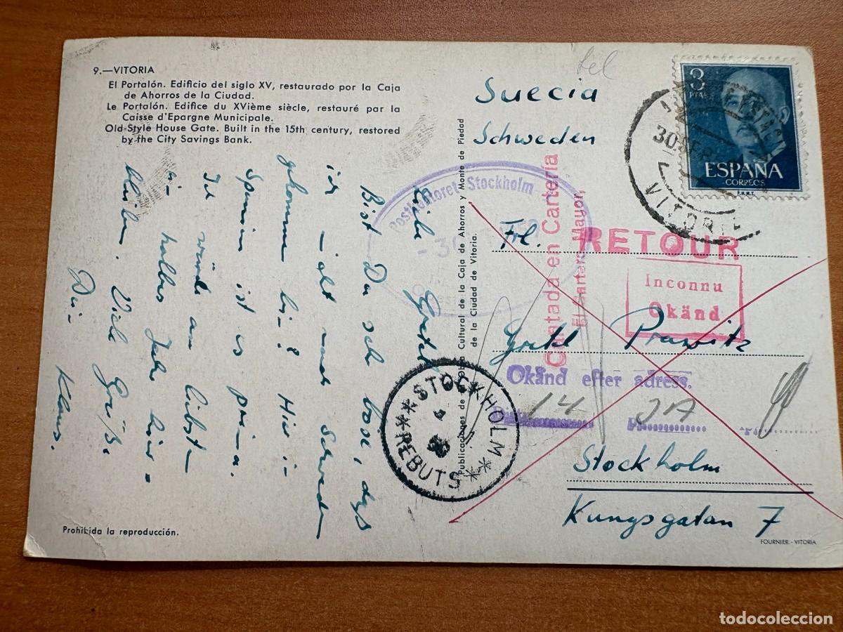 Sellos: Preciosa Tarjeta postal Estacion Vitoria a Alemania 1958 con destinatario desconocido