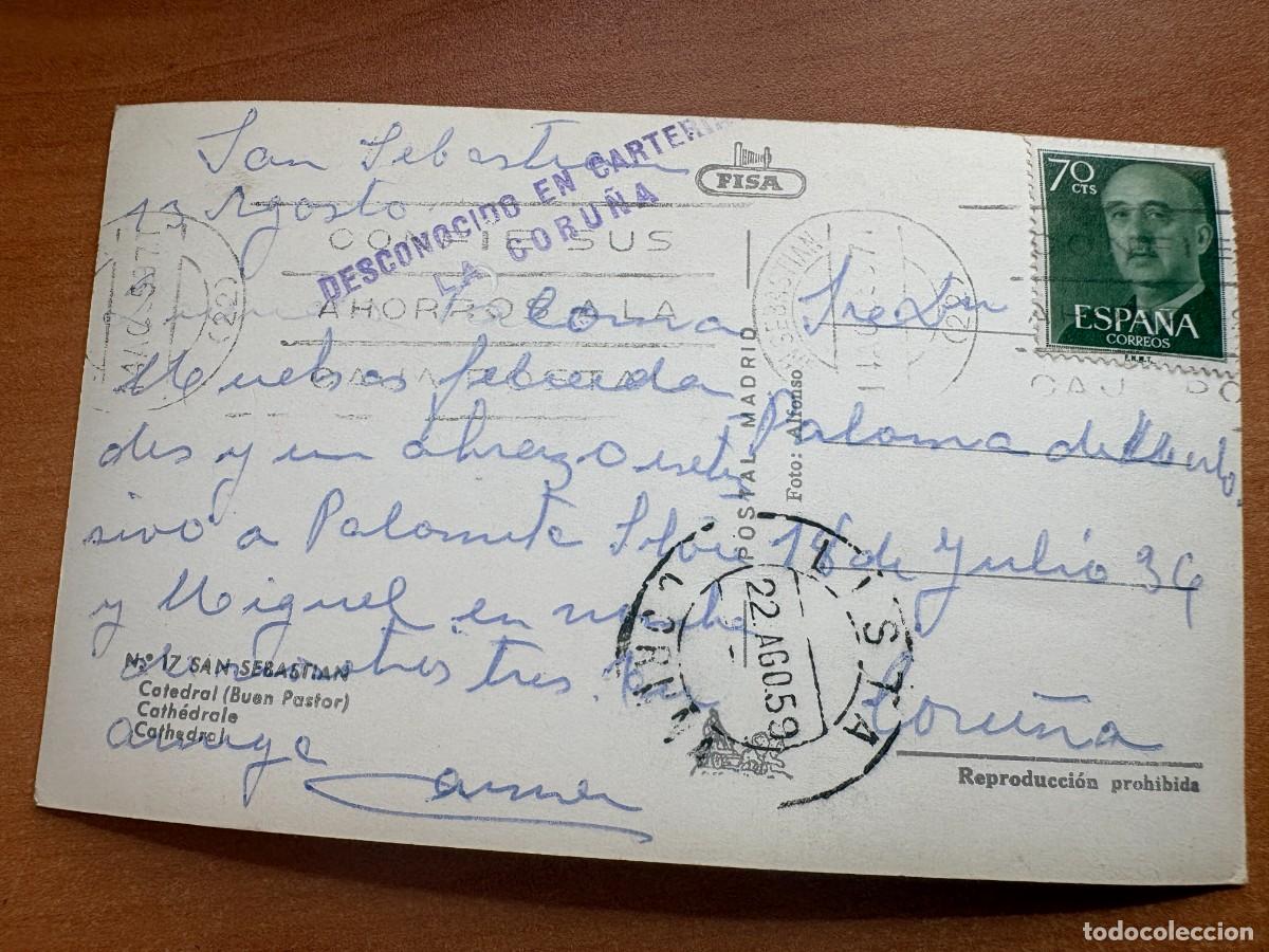 Sellos: Preciosa Tarjeta postal San Sebastian a La Coru&ntilde;a 1959 con destinatario desconocido