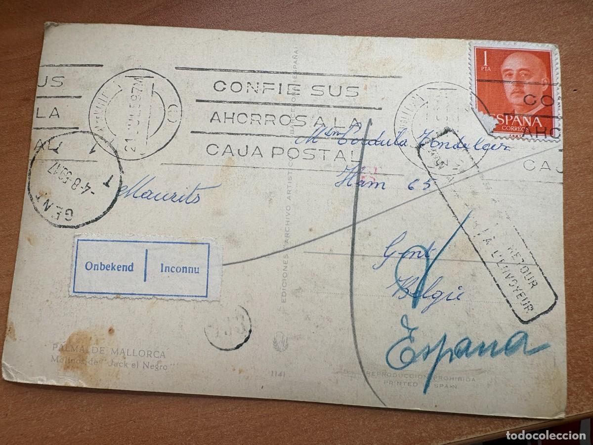 Sellos: Preciosa Tarjeta postal Palma de Mallorca Baleares a Belgica 1959 con destinatario desconocido