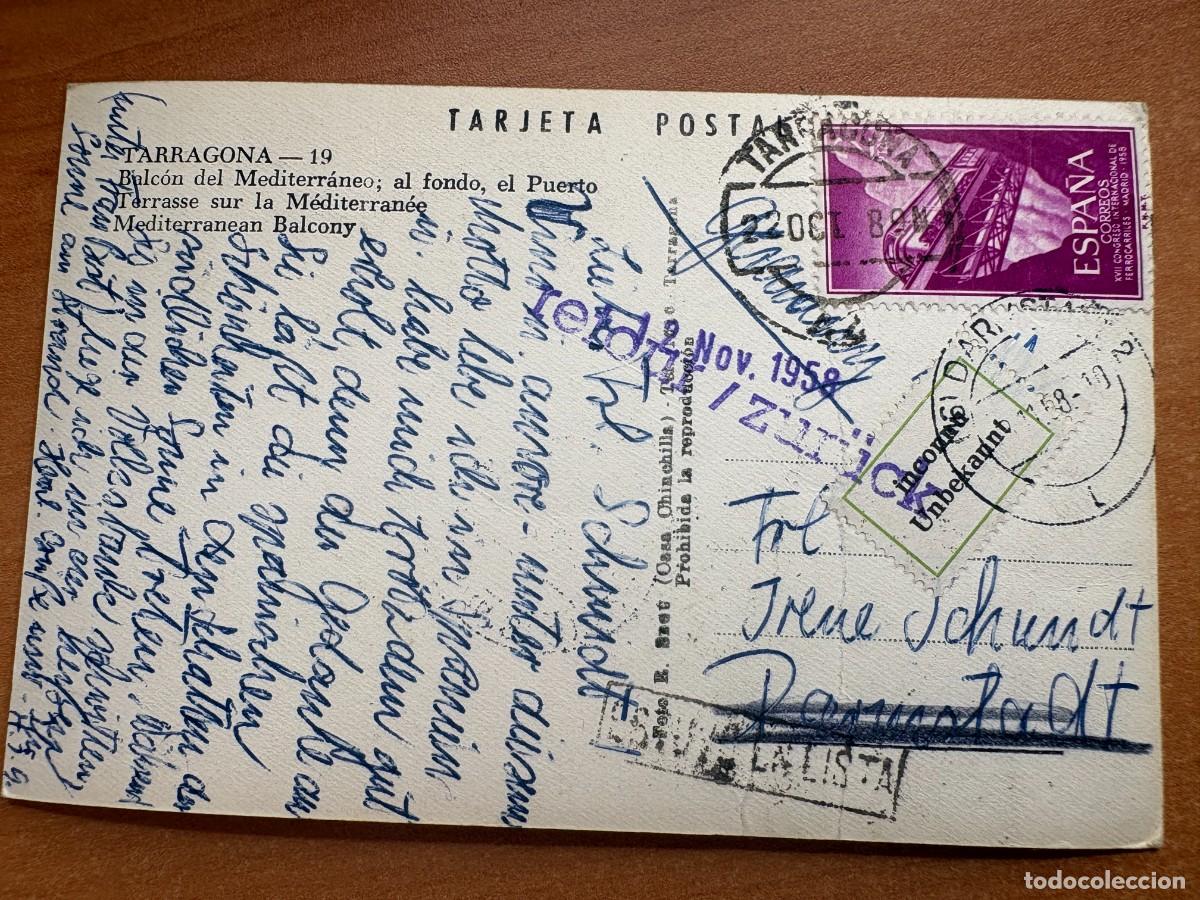 Sellos: Preciosa Tarjeta postal Tarragona a Suiza 1958 con destinatario desconocido
