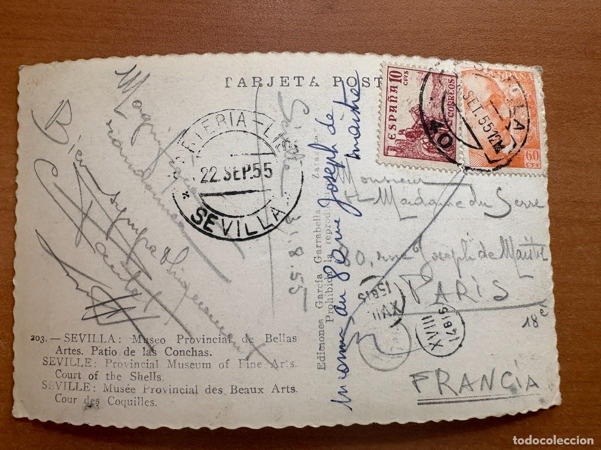 Sellos: Tarjeta postal Sevilla a Paris Francia 1955 con destinatario desconocido