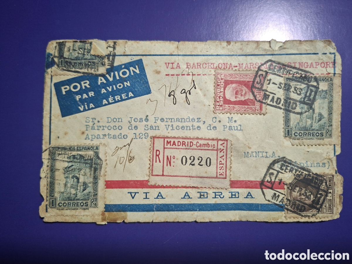 Sellos: SOBRE 1933 HISTORIA POSTAL RUTA EX&Oacute;TICA Espa&ntilde;a/Filipinas (Marsella, Saig&oacute;n, Hai Phong y Hong Kong)