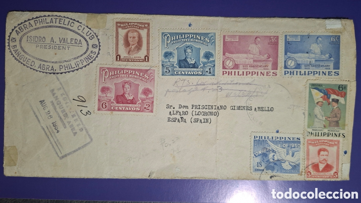 Stamps: 1954 Sobre Filipinas a Espa&ntilde;a. Abra Philatelic Club (Isidro A. Valera). Conmemorativos