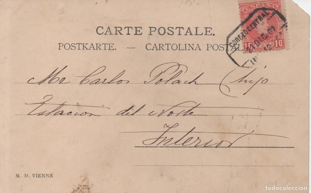 Sellos: MADRID POSTAL DORSO SIN DIVIDIR 1901 MAT CORRE CENTRAL INTERIOR - Foto 1
