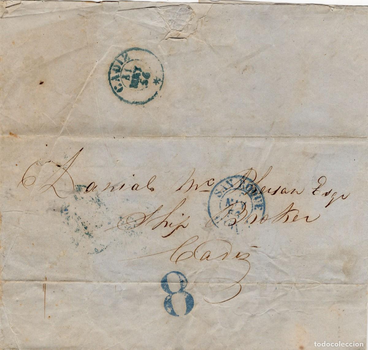 Sellos: 1856 carta sin franquear de Gibraltar a C&aacute;diz, tasada
