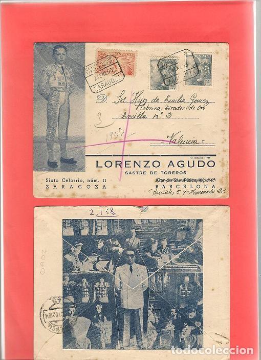 Sellos: SOBRE circulado 1953 publicidad LORENZO AGUDO Sastre toreros ZARAGOZA