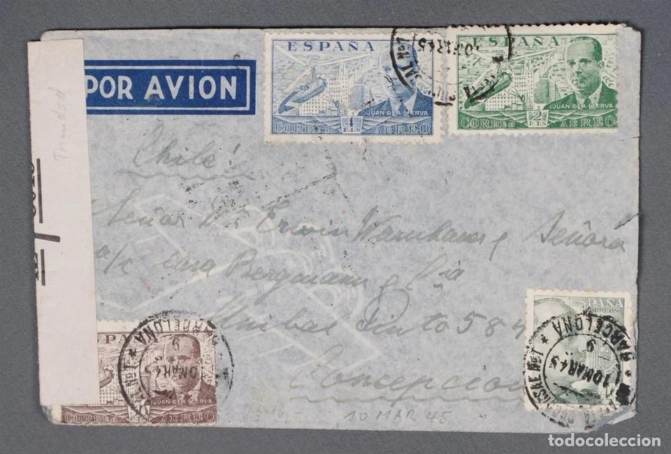 Sellos: BARCELONA A CONCEPCION CHILE AEREA CON CENSURA ESPA&Ntilde;OLA Y BRITANICA