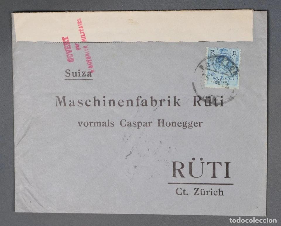 Sellos: BARCELONA A SUIZA WW1 1915 ALFONSO XIII MEDALLON CON CENSURA MILITAR