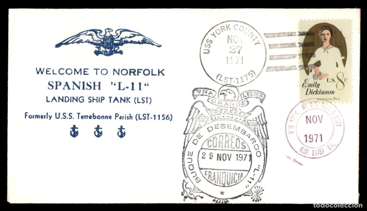 Sellos: ESTADOS UNIDOS ESPA&Ntilde;A 1971 MAT USS YORK COUNTRY Y FRANQUICIA BUQUE DESEMBARCO L-11 ARMADA ESPA&Ntilde;OLA