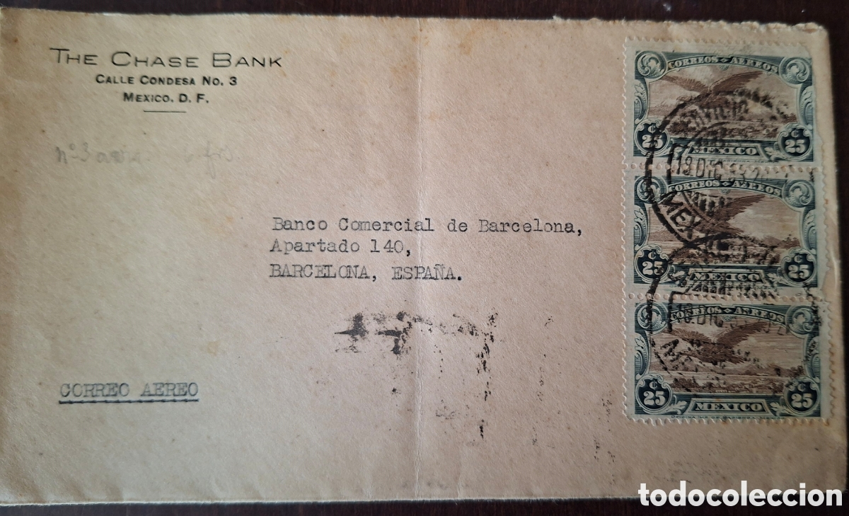 Sellos: Correo aereo Carta enviada de M&eacute;xico a Barcelona Rara marca POR AVION barcelona 1933