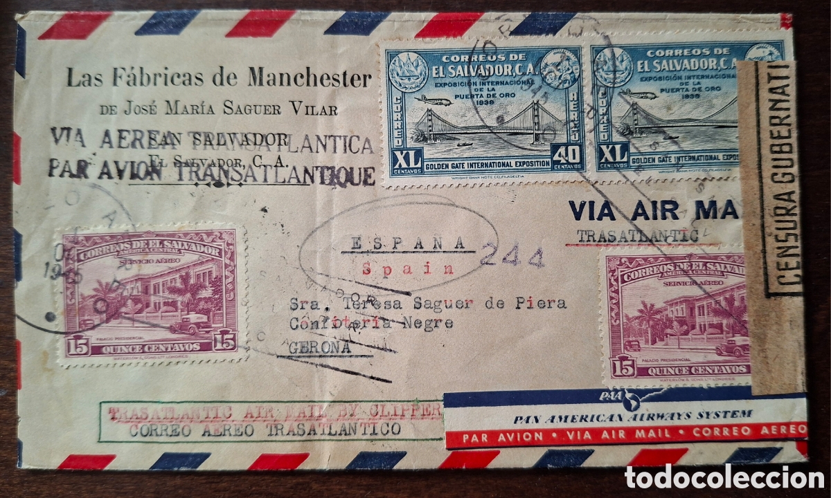 Sellos: Historia Postal carta enviada de El Salvador a Gerona Espa&ntilde;a correo aereo trasatl&aacute;ntico 1945