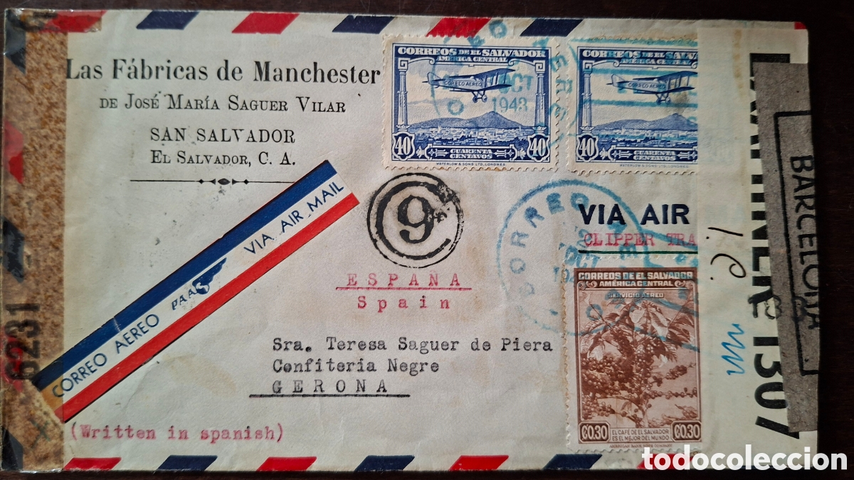Sellos: Historia Postal carta enviada de El Salvador a Gerona Espa&ntilde;a v&iacute;a trasatl&aacute;ntica 1943 censura