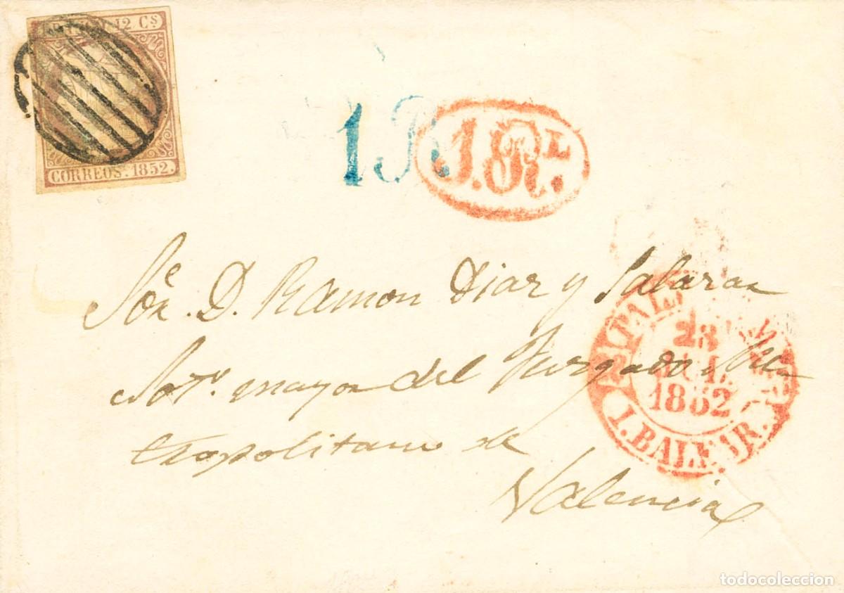 Stamps: Espa&ntilde;a. Islas Baleares. Historia Postal. Sobre 13. 1852. 12 cuartos lila. PALMA DE MALLORCA a VALEN