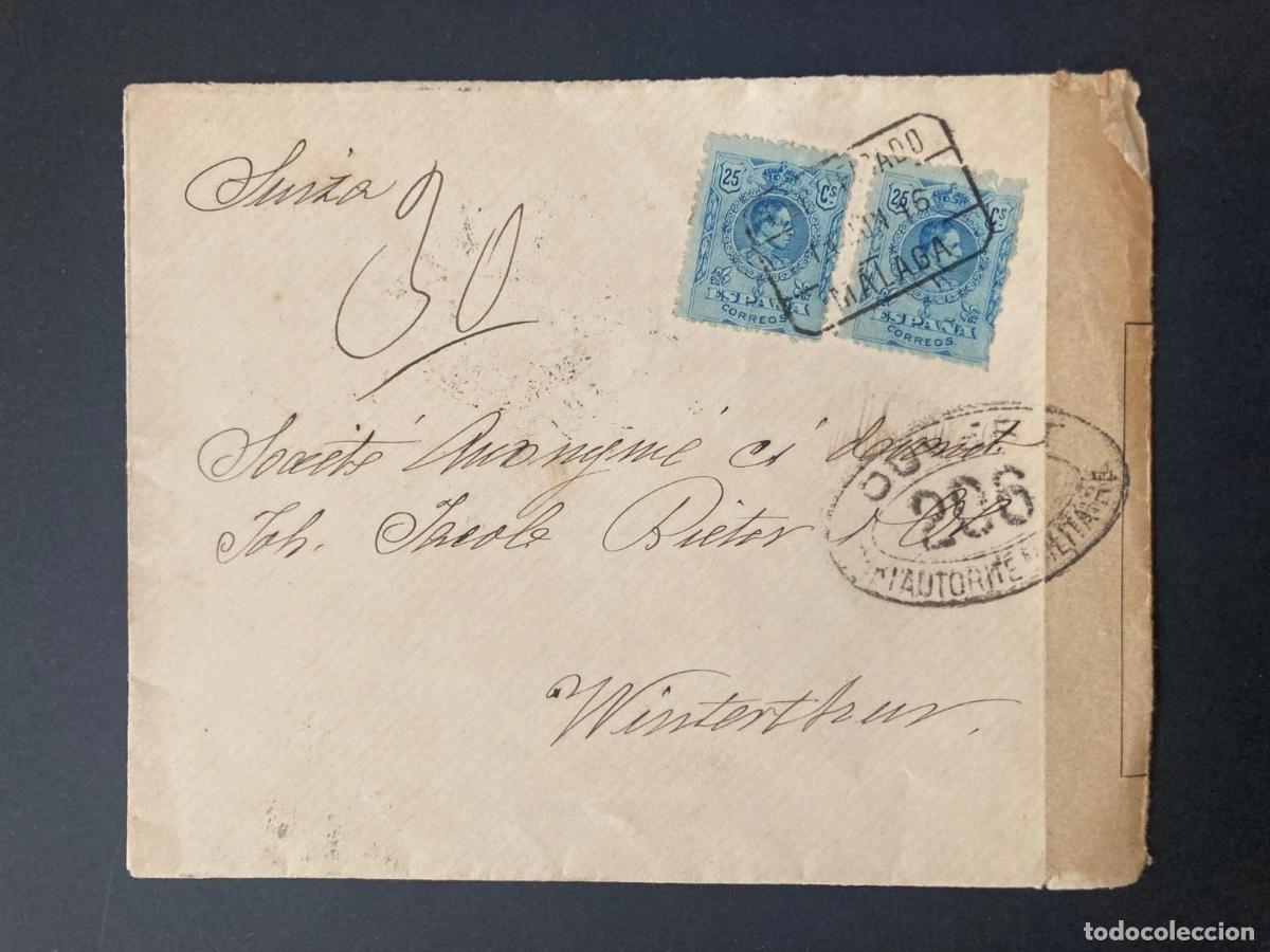 Sellos: MALAGA A WINTERTHUR SUIZA 1916 CERTIFICADA ALFONSO XIII MEDALLON CON CENSURA MILITAR FRANCESA