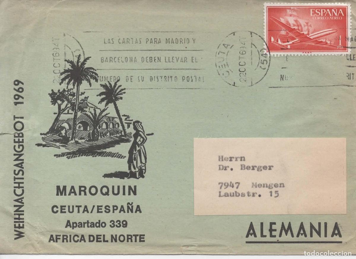 Sellos: CEUTA A ALEMANIA IMPRESOS SELLO AVION CARABELA 1969