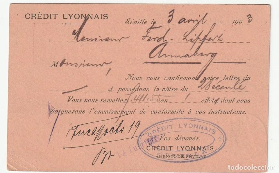 Sellos: SEVILLA ENTERO POSTAL 1903 A ALEMANIA IMPRESION PRIVADA CREDIT LYONNAIS