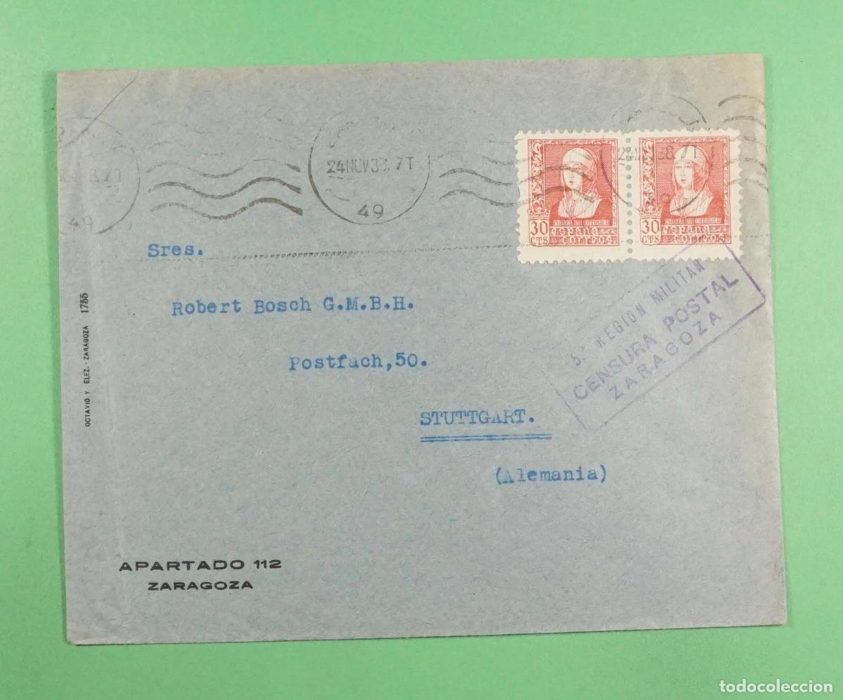 Sellos: ZARAGOZA A ALEMANIA 1938 CON MARCA DE CENSURA MILITAR