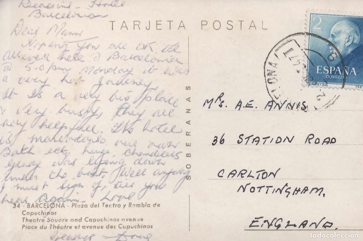 Sellos: POSTAL BARCELONA CON FRANQUEO SELLO RAMON Y CAJAL NOBEL MEDICINA 1954